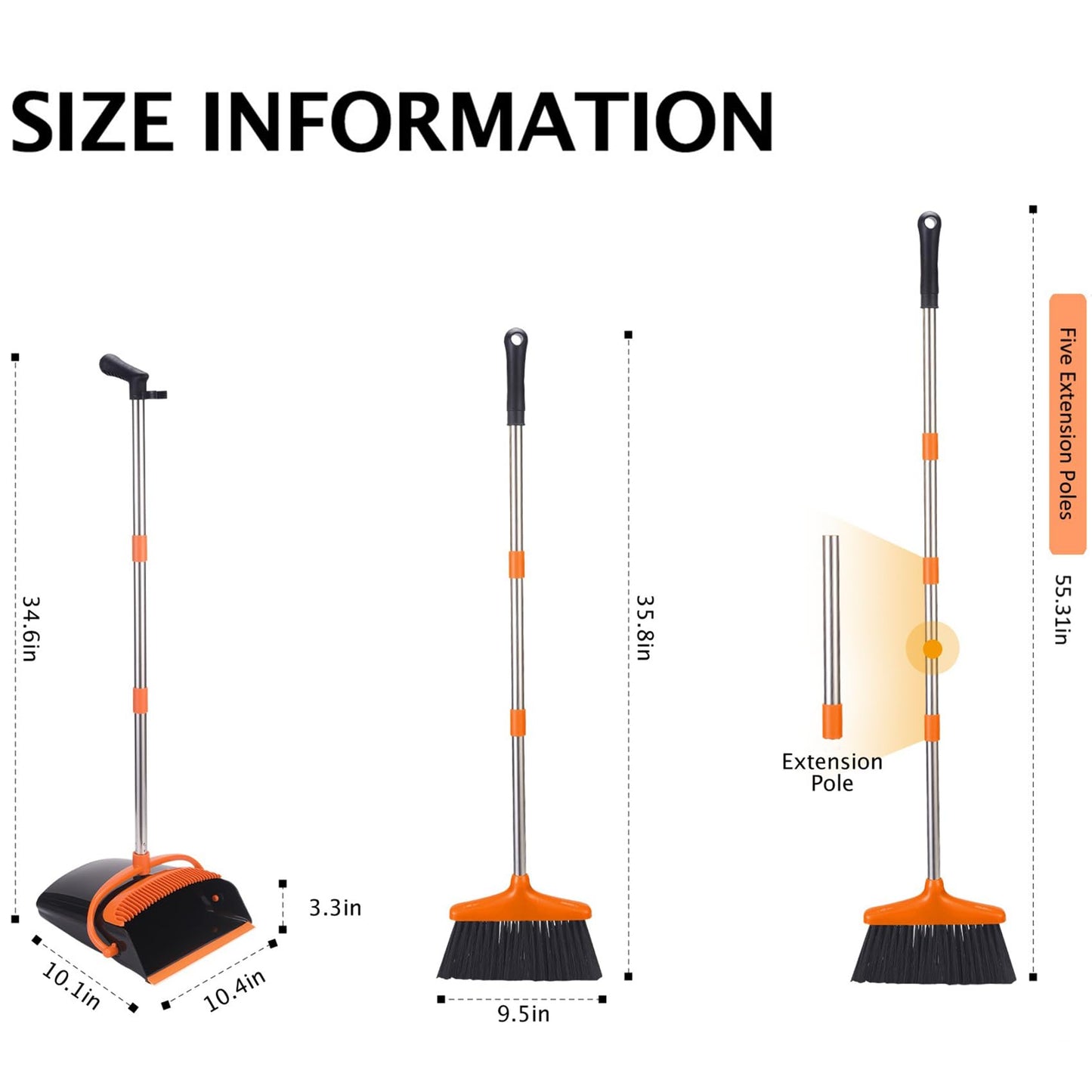 XXFLOWER Broom and Dustpan Set with Long Handle, Light Weight Stainless Steel Poles Stand Upright Dustpans with Broom Combo for Home Kitchen Office Pet Dog Hair, Black & Orange Color, 1-Pack