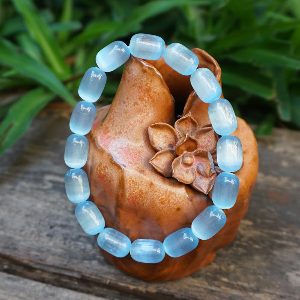 TaHLga Natural Selenite Crystal Bracelet for Women Men | 8x12mm Blue Plated Cylinder Beads | Authentic Stone with Leather Pouch, Gift Box & Repair Kit | Fits 7.5 inch Wrist