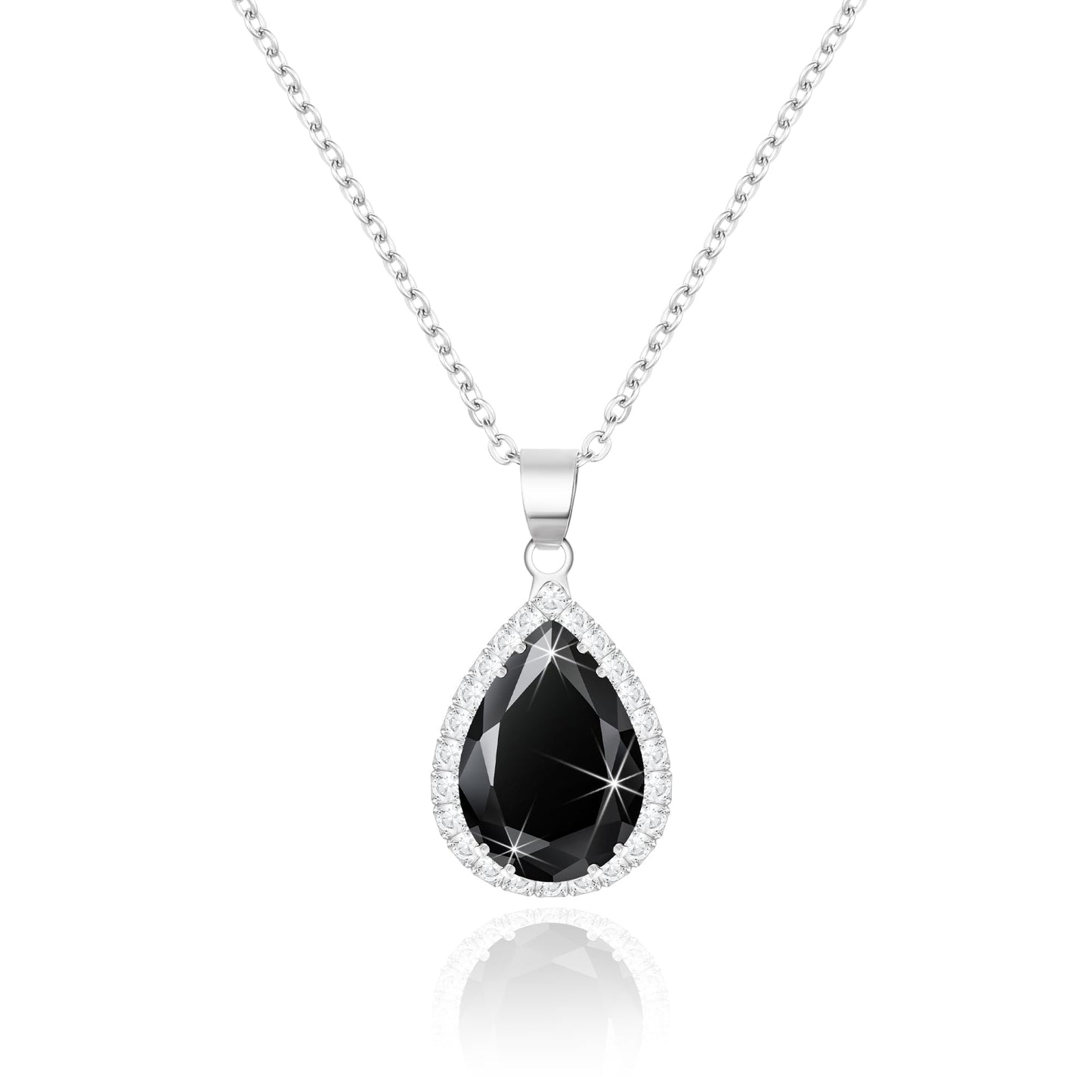 Linawe Black Crystal Silver Chain Pendant Necklace for Women Trendy, Imitation Diamond Cubic Zirconia Birthstone Rhinestone Teardrop Boho Necklace, Costume Jewelry Preppy