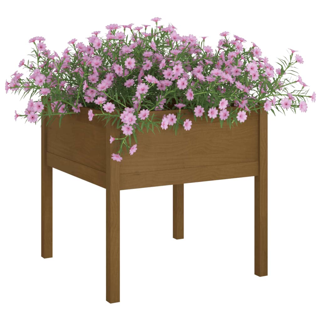 MBDRKVGF Square Garden Planter Box, Large Outdoor Plant Container for Flowers and Herbs, Rustic Solid Pine Wood Flower Bed, Honey Brown Finish, 27.6 x 27.6 x 27.6 Inches