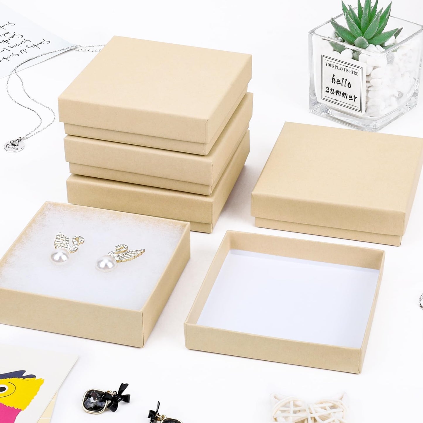 batifine Jewelry Gift Boxes, Cardboard Jewelry Boxes, 40 Pack 3.5x3.5x1 Inch, Bulk Cotton Filled Small Jewelry Boxes with Lids for Necklace Ring Bracelet Earring Display Box (Brown)