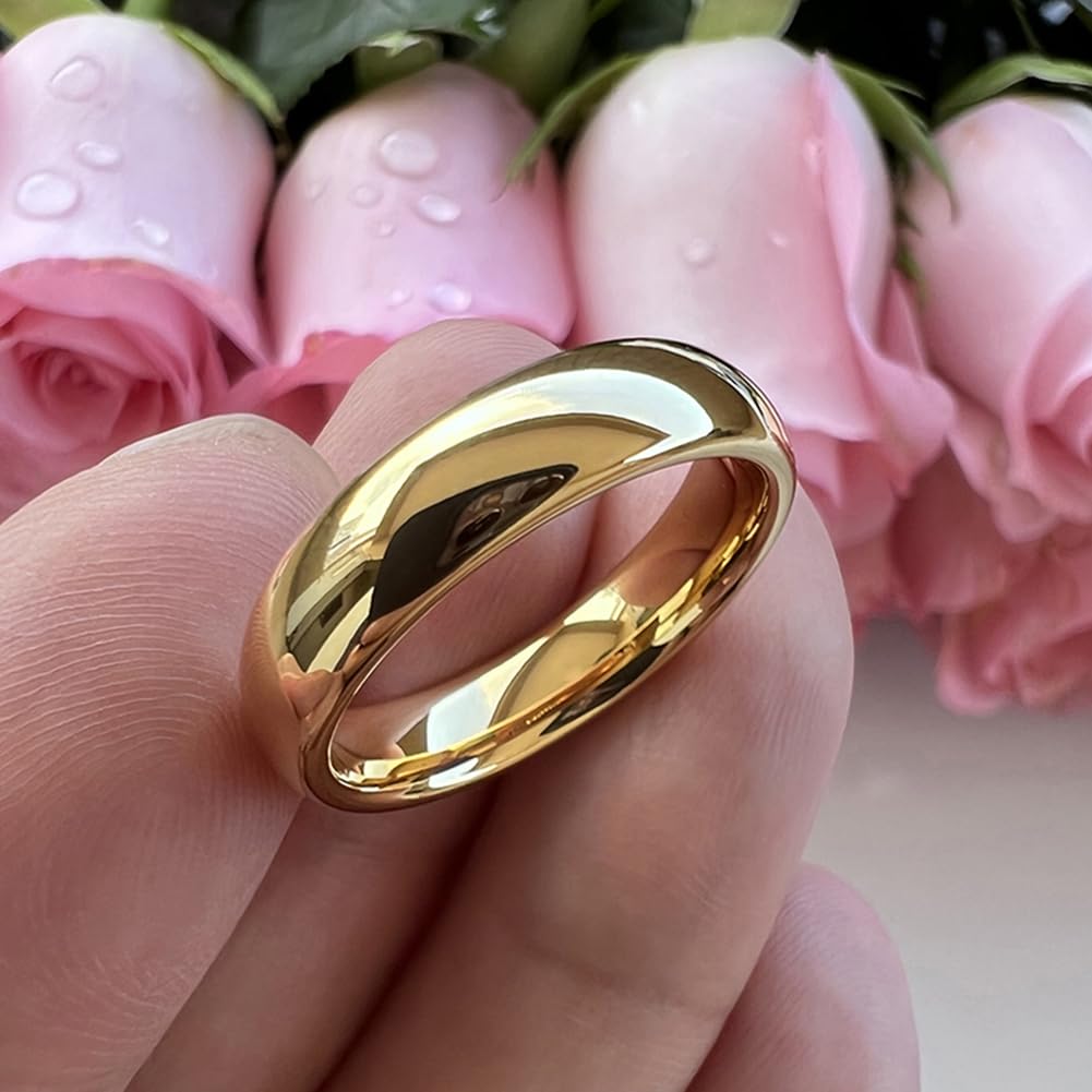 TUTISS 5mm Gold Tungsten Rings for Men Women Engagement Wedding Bands Domed Polished Comfort Fit Size 9