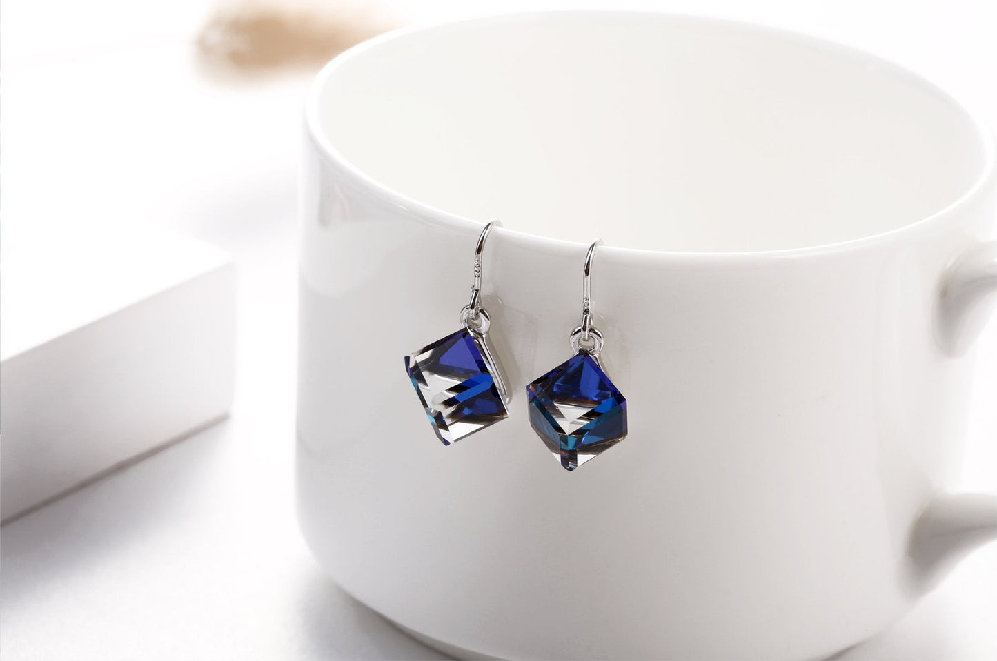 PLATO H S925 Sterling Silver Cube Crystals Earrings for Women with Exquisite Unique Gift Box Dainty Jewelry Anniversary Mothers Day Gifts for her