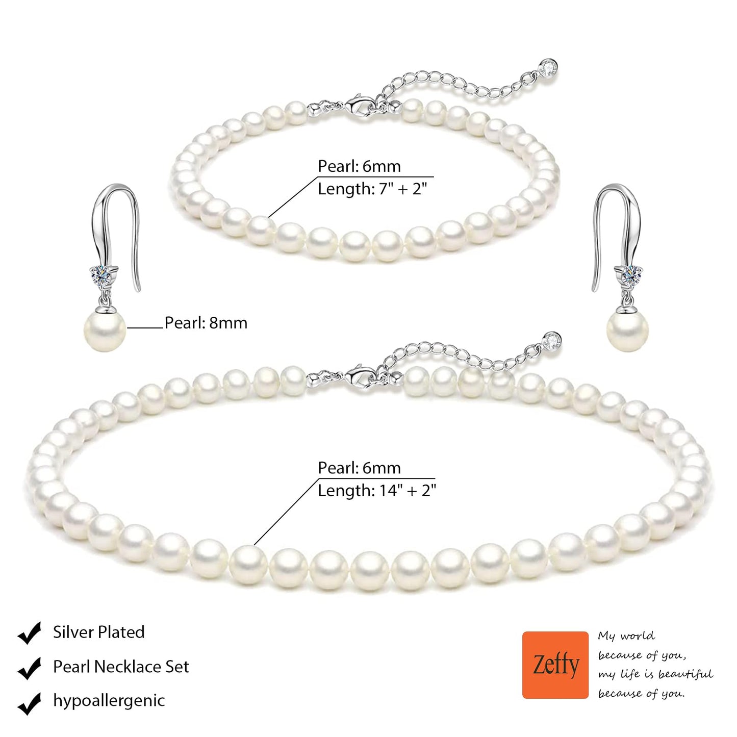 Zeffy Pearl Necklace and Earring Set for Women, White Round Faux Pearl Necklace Bracelet Earring Set of 3, Jewelry for Brides