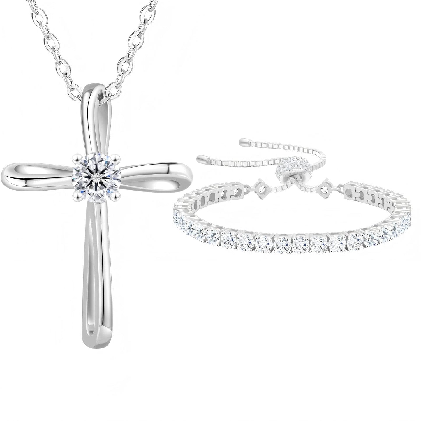 KRKC&CO Moissanite Bolo Tennis Bracelets and Moissanite Cross Necklace for Women: D Color VVS1, Adjustable Length S925 Sterling Silver, Gifts for Her, Luxury Box