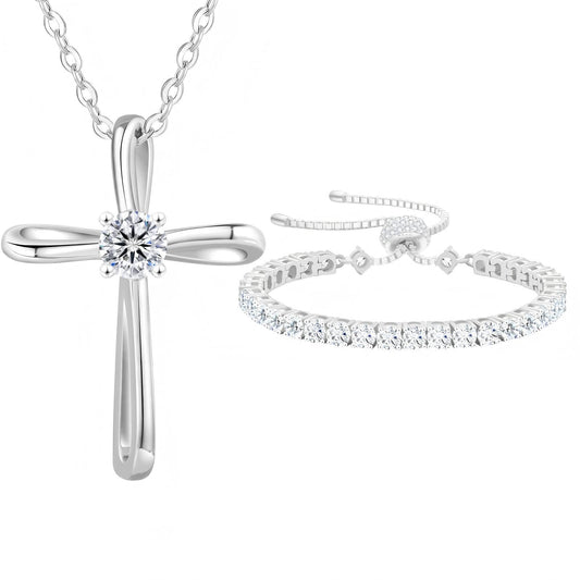 KRKC&CO Moissanite Bolo Tennis Bracelets and Moissanite Cross Necklace for Women: D Color VVS1, Adjustable Length S925 Sterling Silver, Gifts for Her, Luxury Box