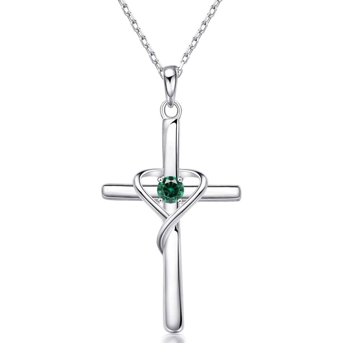 AmorAime 925 Sterling Silver Cross Necklace for Women Men 14K Gold Plated 5A CZ Birthstone Necklaces for Holiday (E.Green-May-Emerald)