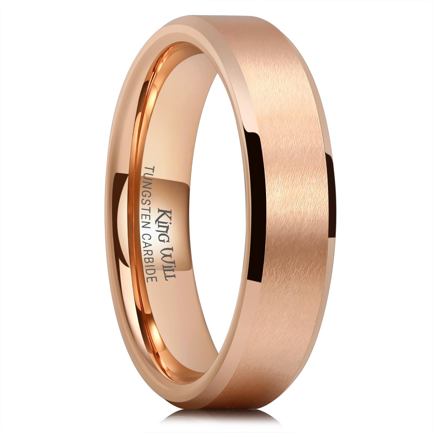 King Will 6mm Men's Rose Gold Wedding Ring – Matte Brushed, Beveled Polished Edge, Comfort Fit, Size 8