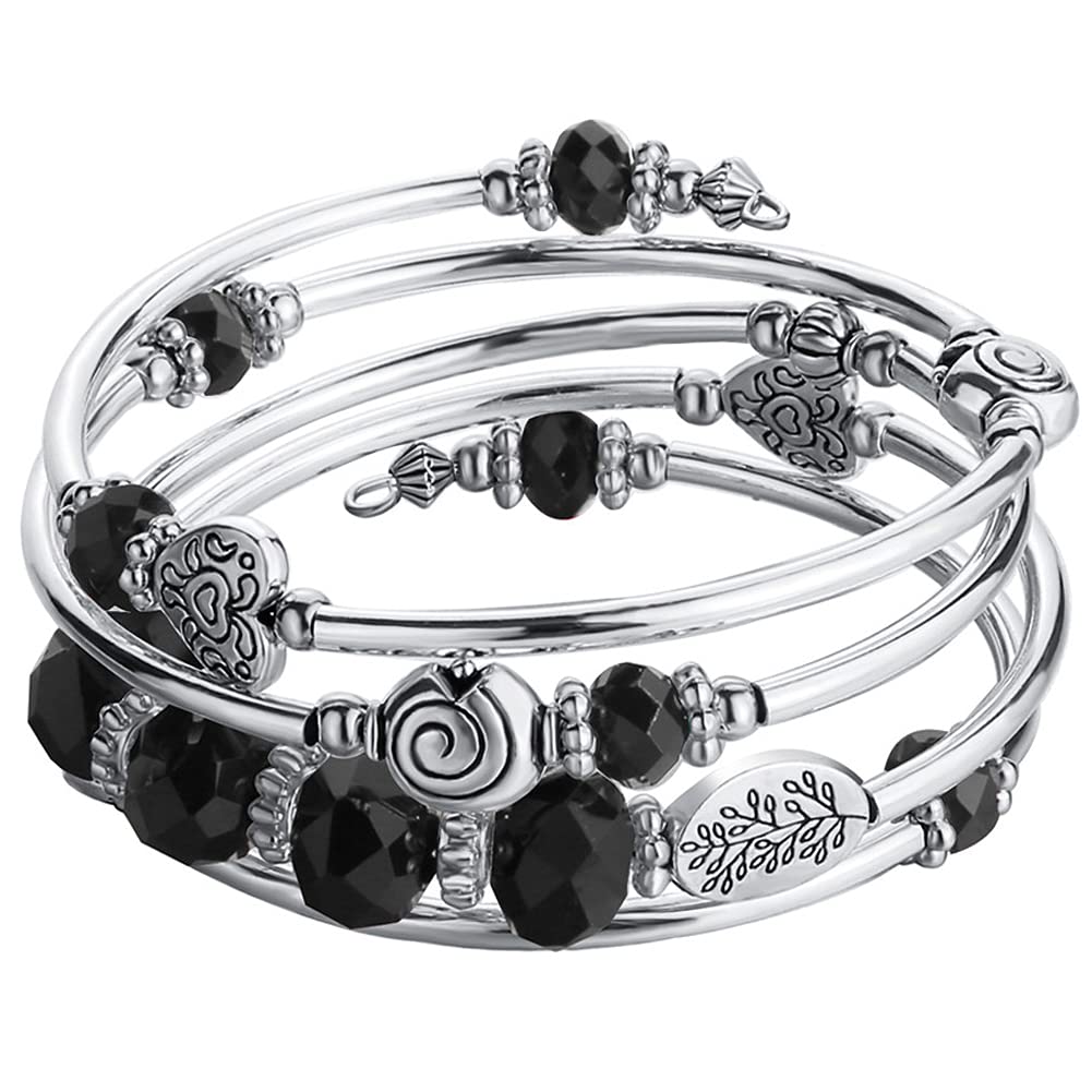 PEARL&CLUB Bead Crystal Wrap Bangle Bracelet - Fashion Jewelry Beaded Bracelet with Silver Metal, Gifts for Women(23-Black)