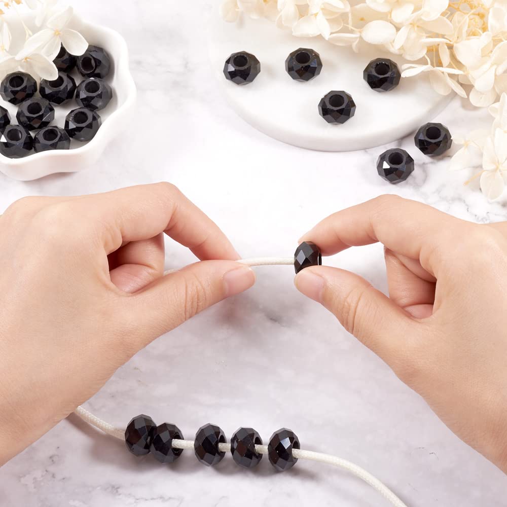 Cheriswelry 100pcs Black Faceted Glass Beads No Metal Core Rondelle European Large Hole Beads Loose Spacer Beads Slide Charms 14x8mm for DIY Snake Chains Macrame Bracelet Jewelry Making
