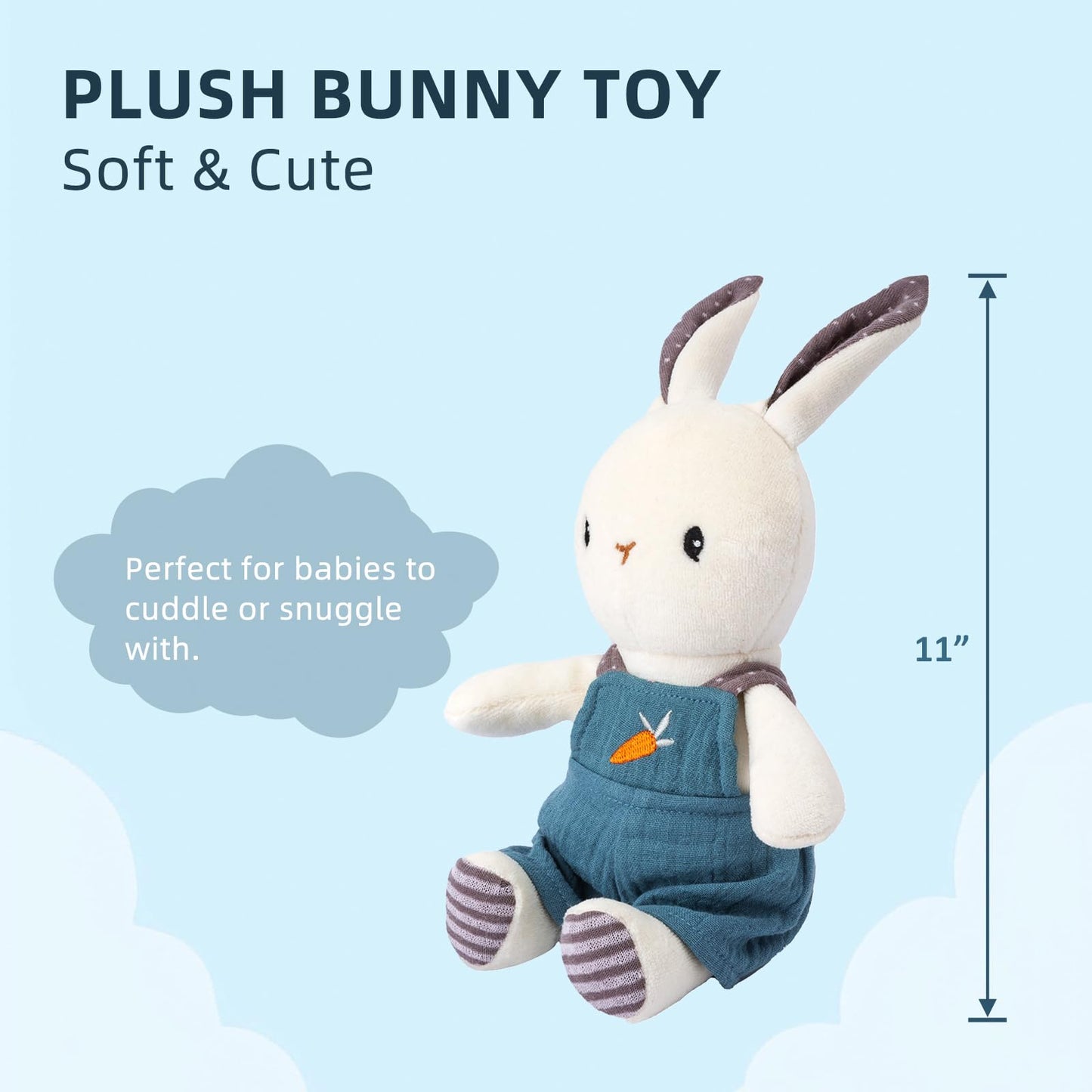 CUDDLE CORNER Bunny Stuffed Animal Organic Cotton Baby Plush Toys, 9" Organic Cotton Plush Bunny Toy with Overalls, Cute Soft Stuffed Rabbit Doll for Babies and Toddlers
