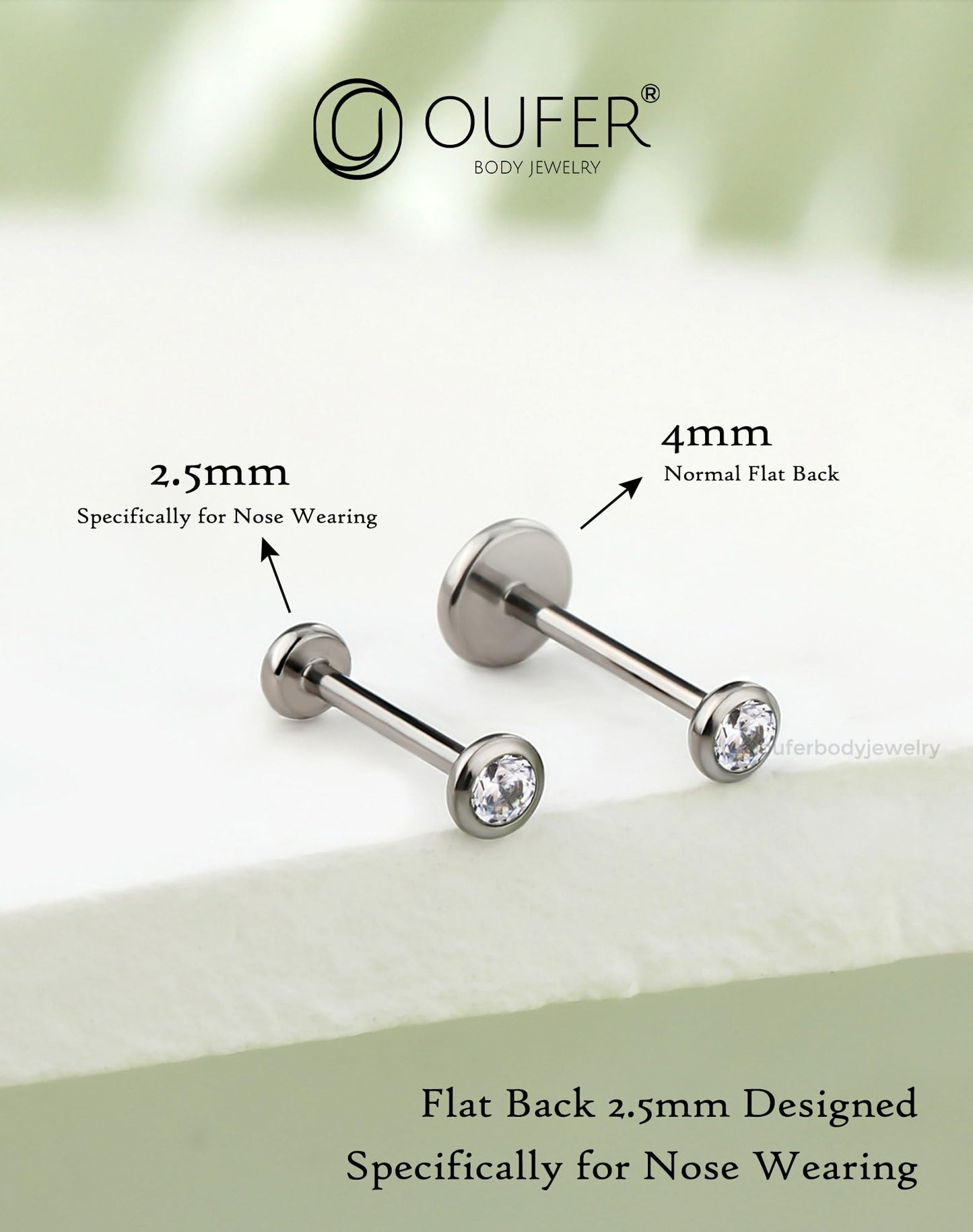 OUFER 2Pcs Black Nose Studs, 20G G23 Solid Titanium Threadless Nose Studs 2.5MM Flat Back Tiny CZ 2.5MM Nose Nostril Piercing Jewelry-7MM