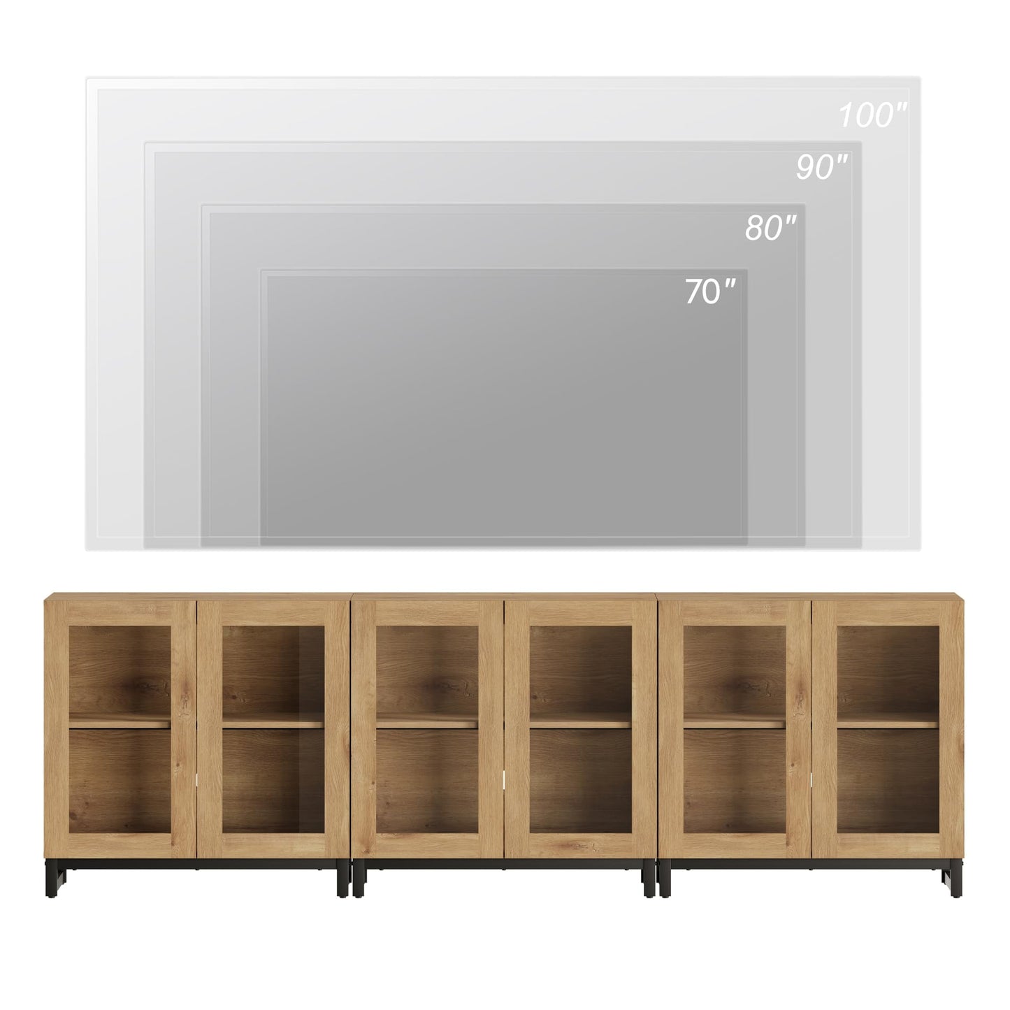 WAMPAT Modern TV Stand with Glass Doors for 110 inch TVs, 3 in 1 Entertainment Center Console with Adjustable Shelves and Metal Base for Living Room, Bedroom, Oak