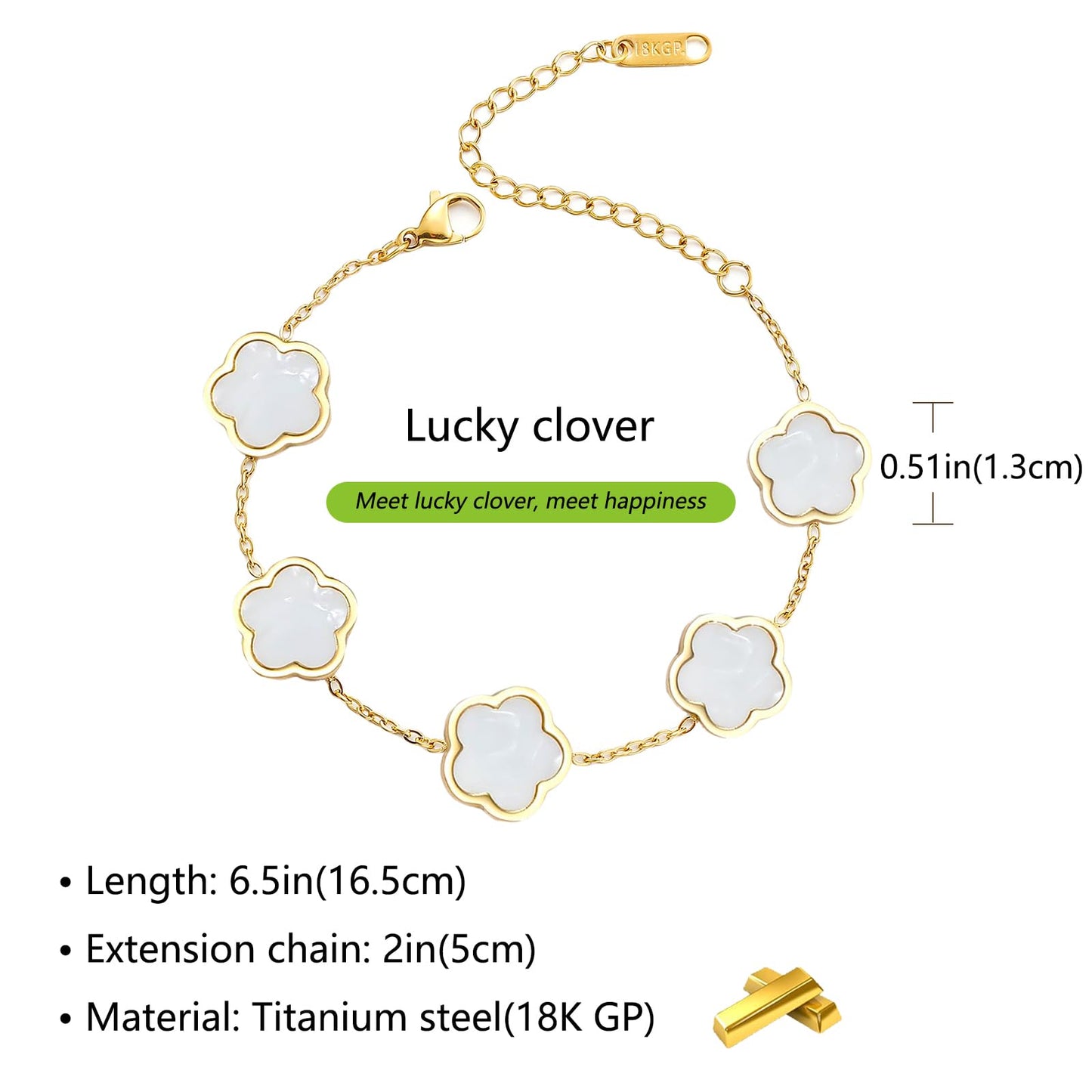 Eclatienne Four Leaf Clover Bracelet for Women – 18K Gold Plated Stainless Steel Lucky Bracelet, Adjustable 4 Leaf Charm Jewelry Gift (White Floral)