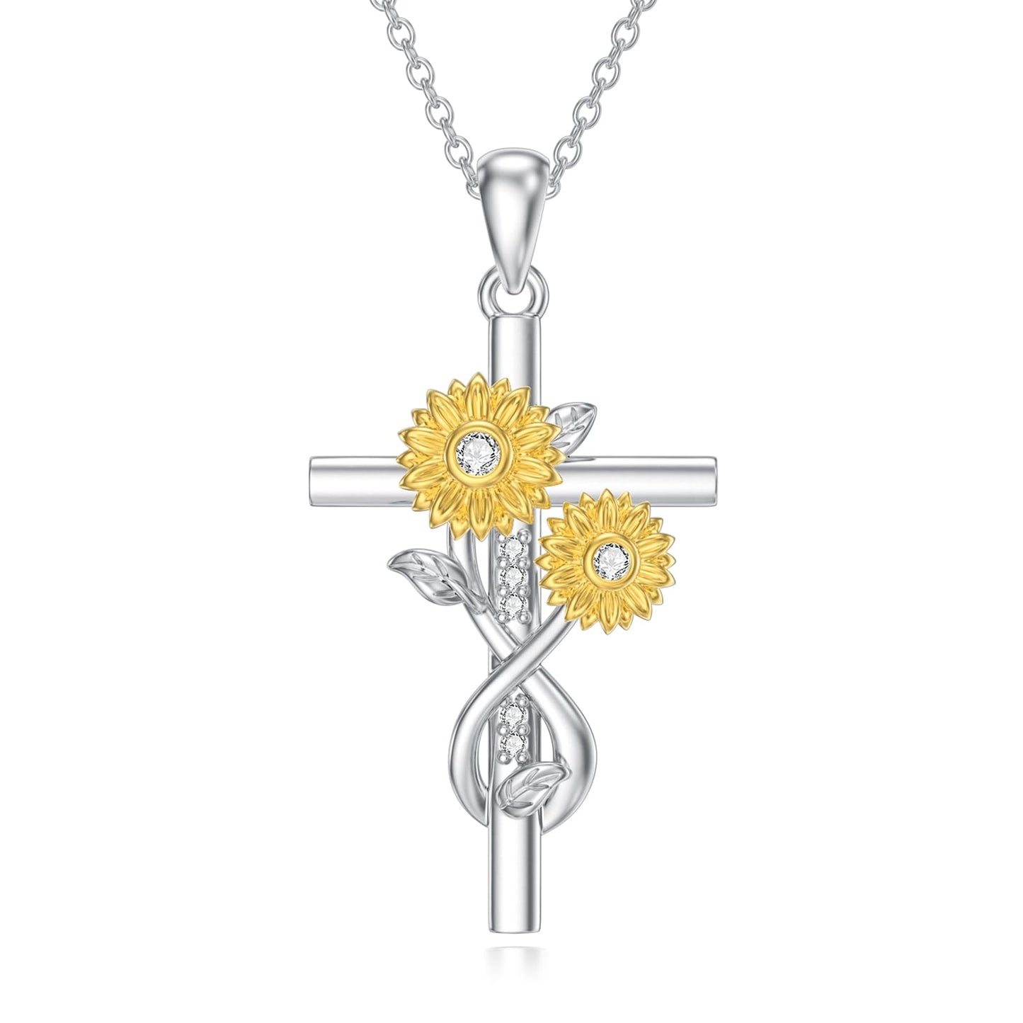 ZBA Natural Diamond Sunflower Necklace Sunflowers Gifts for Women Sterling Silver Sunflower Cross Pendant Faith Jewelry Anniversary Valentines Mothers Day Gifts for Mom Mother Women Wife Girlfriend Her Mom