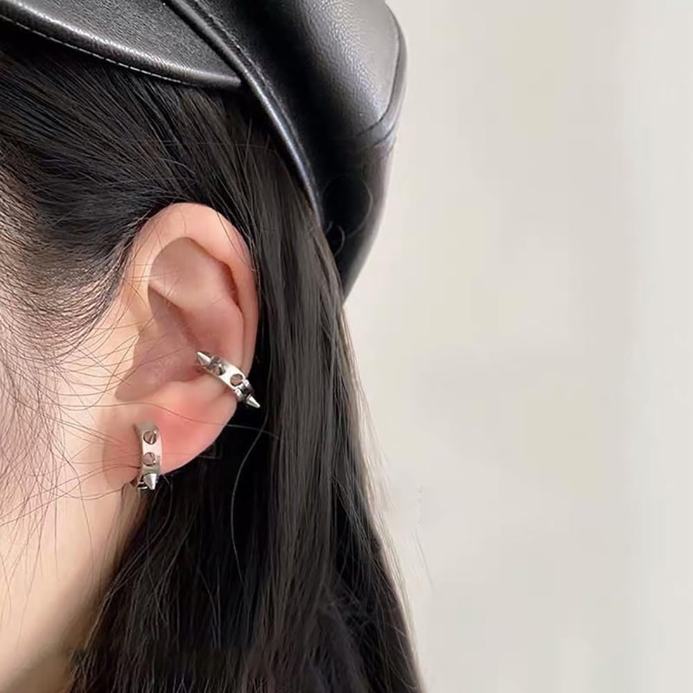 Niaspi 3Pcs Ear Cuff Earrings for Women Men Stainless Steel Non Piercing Clip On Cartilage Earrings Fake Huggie Hoops Earrings Gold/Silver/Black (Silver)