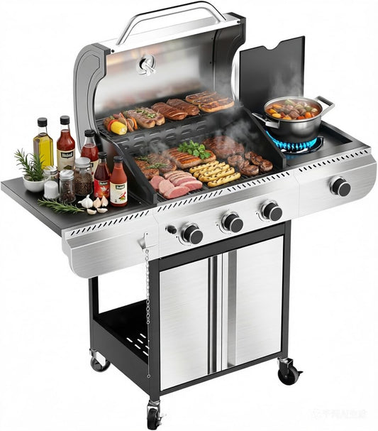 3-Burner Propane Gas Grill with Side Burner, 34,000 BTU Stainless Steel BBQ Grill – Heavy-Duty Porcelain-Enameled Grates for Patio and Outdoor Cooking
