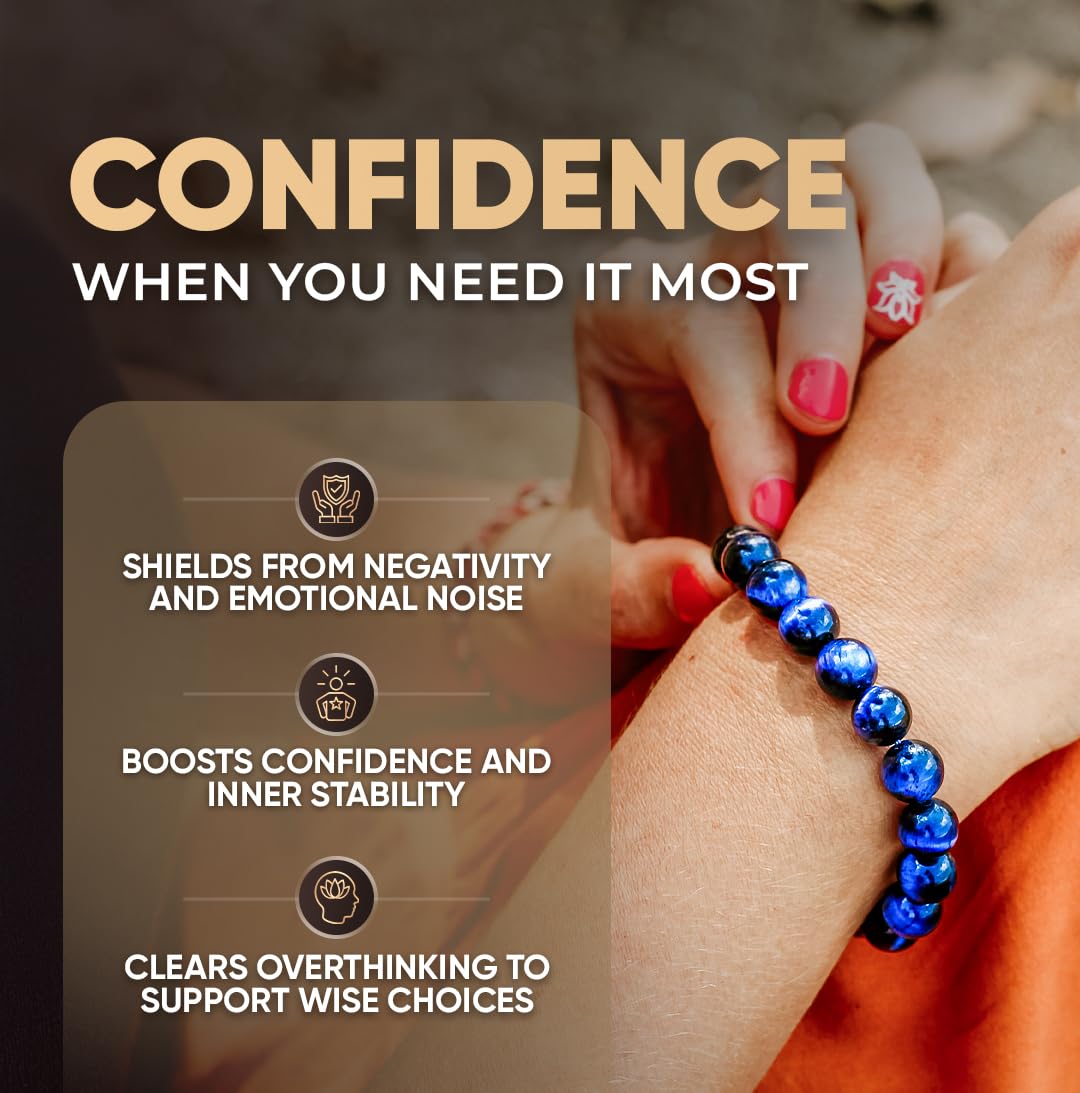Conscious Items Blue Tigers Eye Bracelet, Natural Gemstone Beads for Focus, Motivation, Mental Clarity, & Energy Protection, Tigers Eye Beads for Confidence, Blue Bracelet for Men & Women