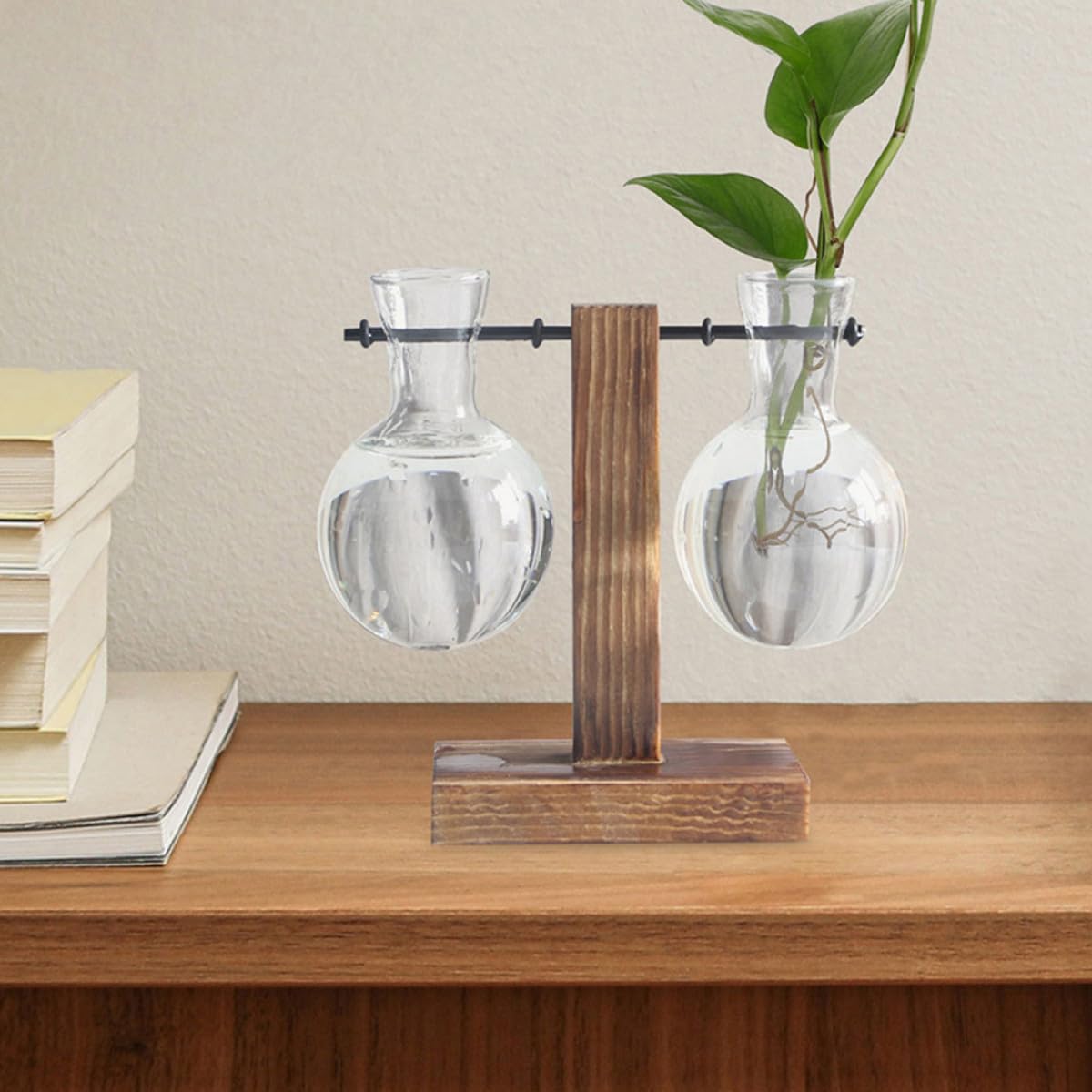 MAGICLULU 3pcs Glass Propagation Vases with Wooden Stand High Borosilicate Hydroponic Plant Planter for Desktop Indoor Terrarium and Plant Propagation