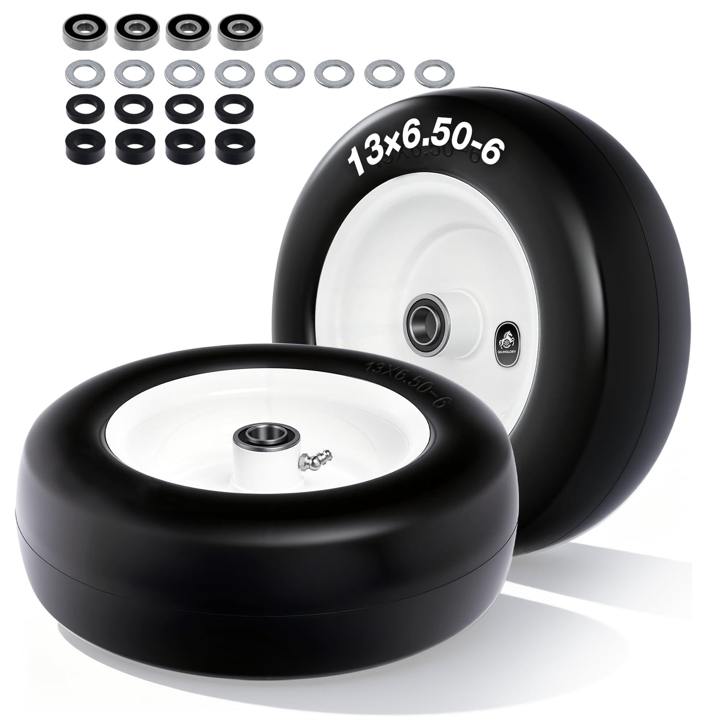 QILINGLORY 13x6.50-6 Flat Free Lawn Mower Tires and Wheel with 3/4" bearing bore Flat-Free, with 5/8” Bearings & Spacers, Fits Riding Mower, Zero Turn, Garden Tractor, 500 lbs Capacity, 2-Pack
