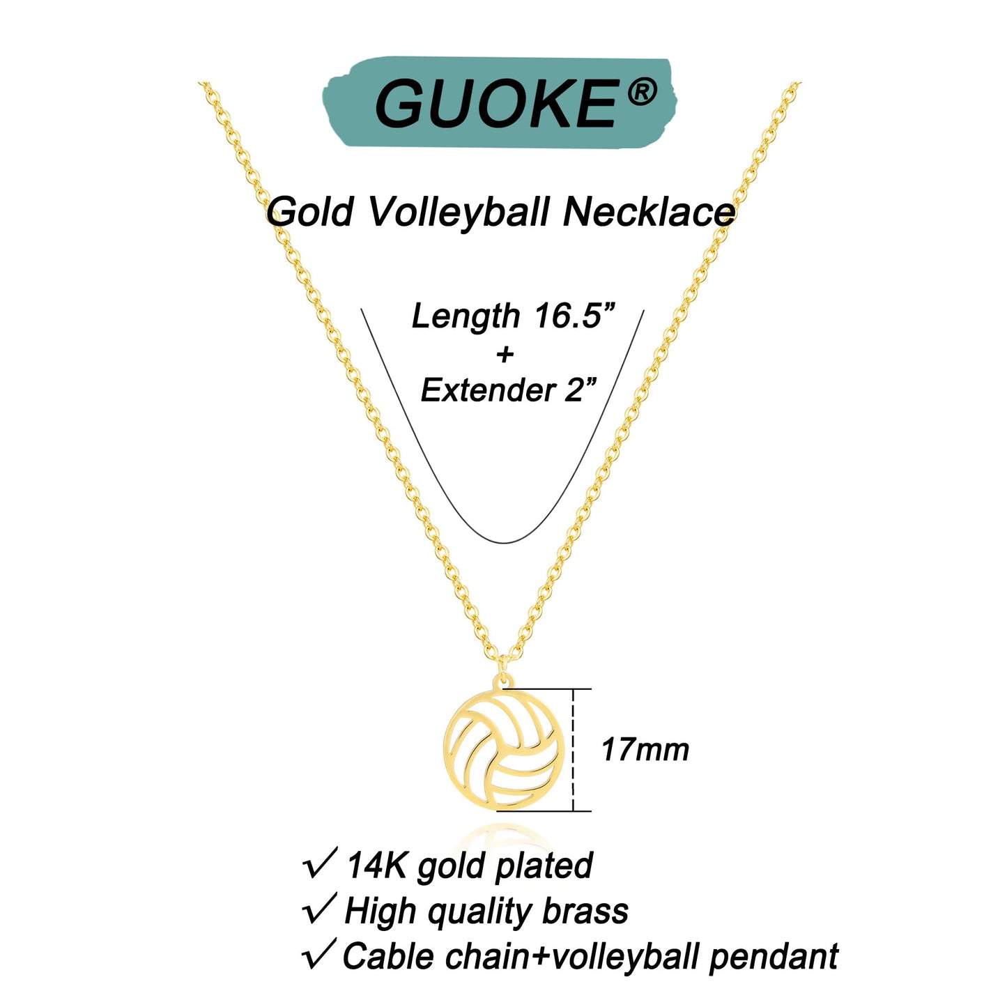 GUOKE Gold Volleyball Necklace for Women – 14K Gold Plated Sports Pendant, Dainty Volleyball Charm Necklace, Athletic Minimalist Jewelry for Her