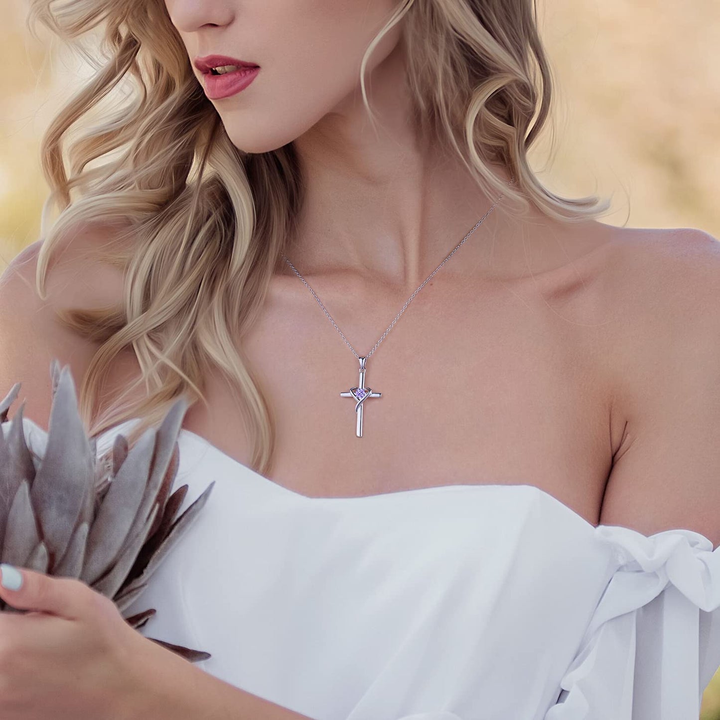 AmorAime 925 Sterling Silver Cross Necklace for Women Men 14K Gold Plated 5A CZ Birthstone Necklaces for Holiday (F.Light Purple-June-Alexandrite)