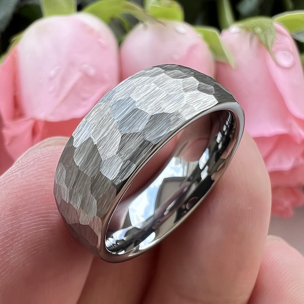TUTISS 8mm Hammered Tungsten Rings for Men Women Fashion Engagement Wedding Bands Domed Matte Finish Comfort Fit Size 13