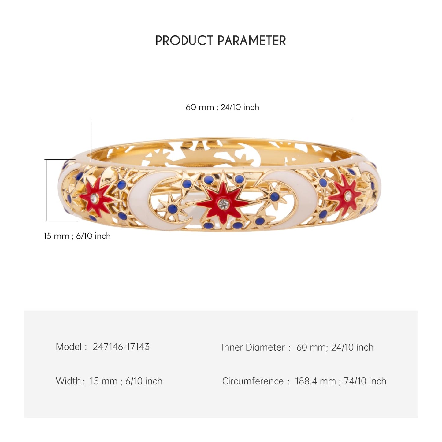 UJOY Colorful Cloisonne Bracelet Jewelry Enamel Moon Star Handcraft Gold Spring Hinge Birthday Vacation Party Gifts Womens Bangles 247146 White