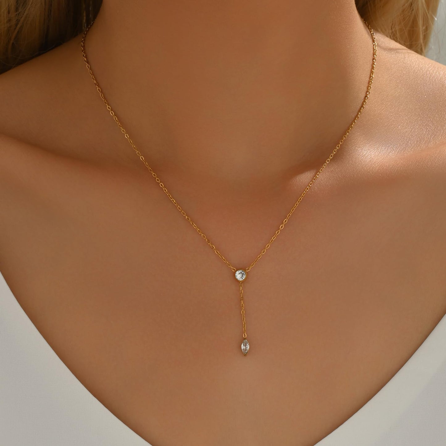 Jewigo Cubic Zirconia Necklaces for Women 18K Gold Plated Tear drop Necklace Dainty Layered CZ Lariat Diamond Necklace