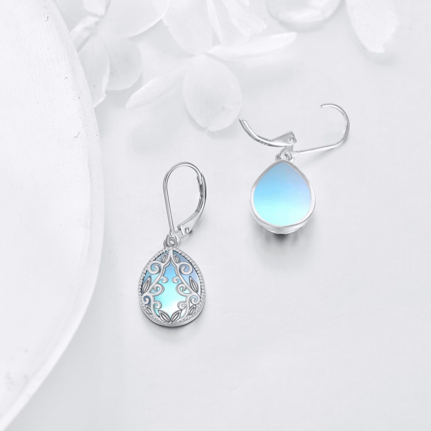 Filigree Earrings for Women 925 Sterling Silver Moonstone Drop Teardrop Earrings Jewelry Gifts for Women