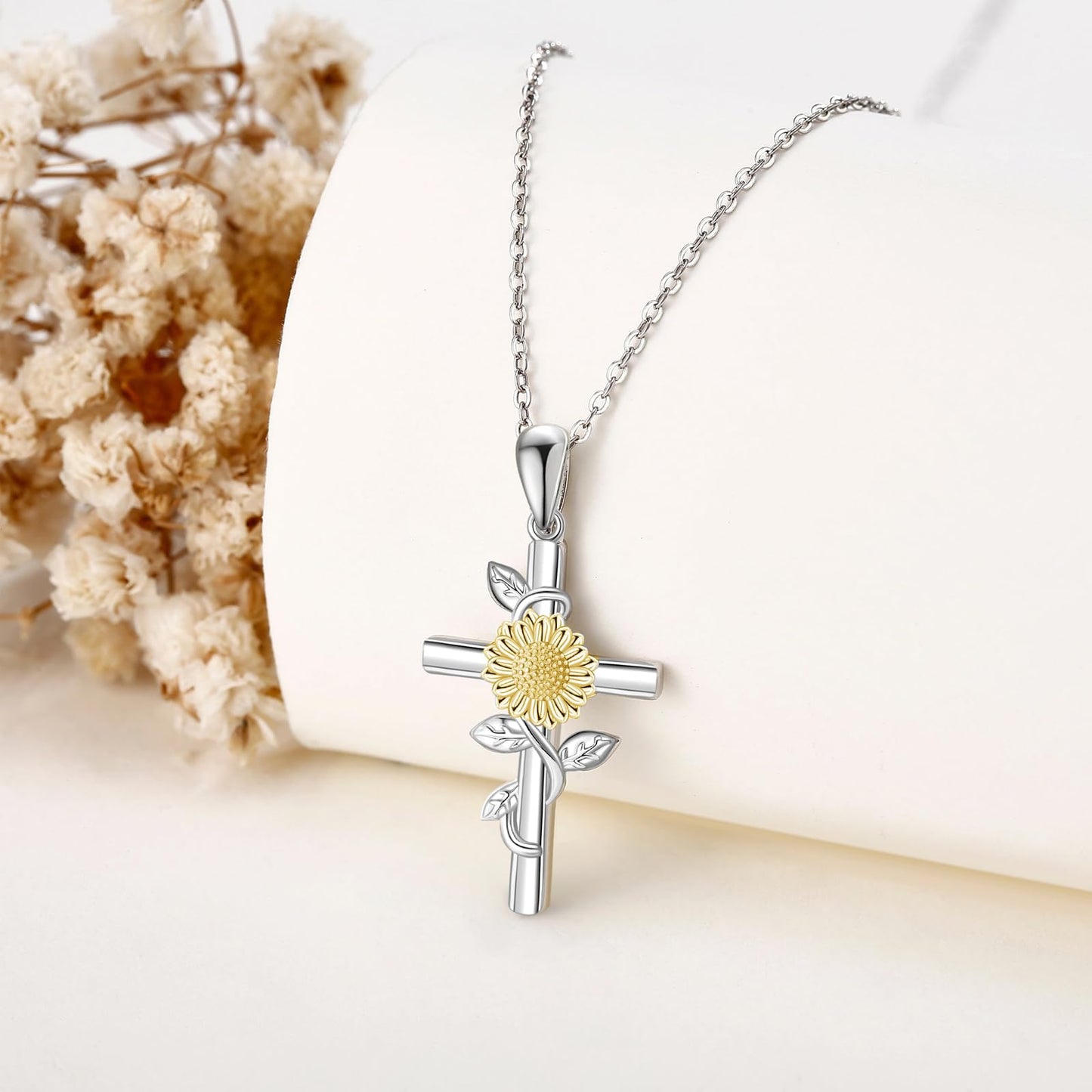 Sunflower Cross Necklace 925 Sterling Silver Cross Sunflower Pendant Necklace Birth Flower Jewelry for Women
