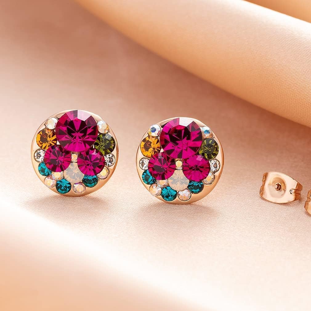 Multicolored Austrian Crystal Rhinestone Stud Earrings for Women Fashion S925 Sterling Silver Hypoallergenic Jewelry (Rose Main Crystal/Rose Gold-tone)