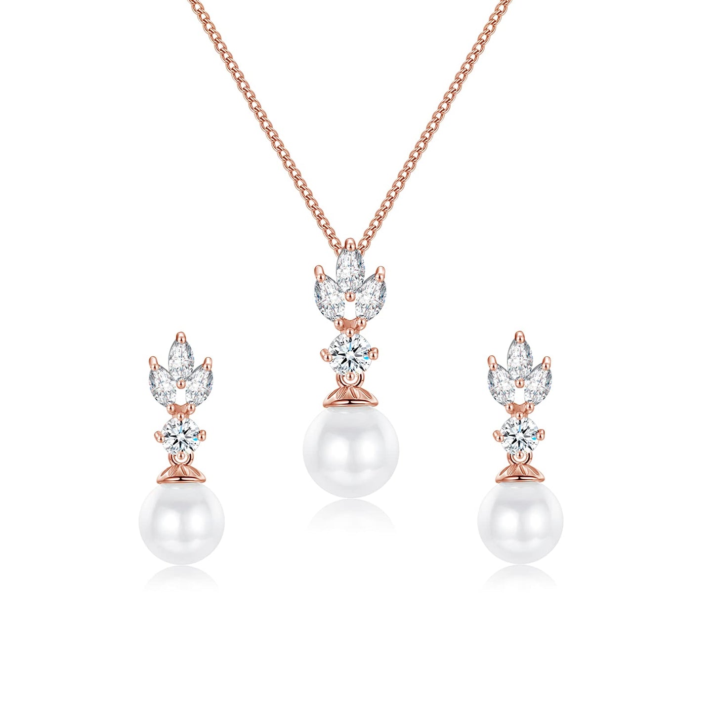IDASANY Wedding Jewelry for Bride Bridesmaid, Rose Gold Pearl Dangle Earrings and Pendant Necklace Set Bridal Jewelry for Promise Wedding Party, Pack of 2