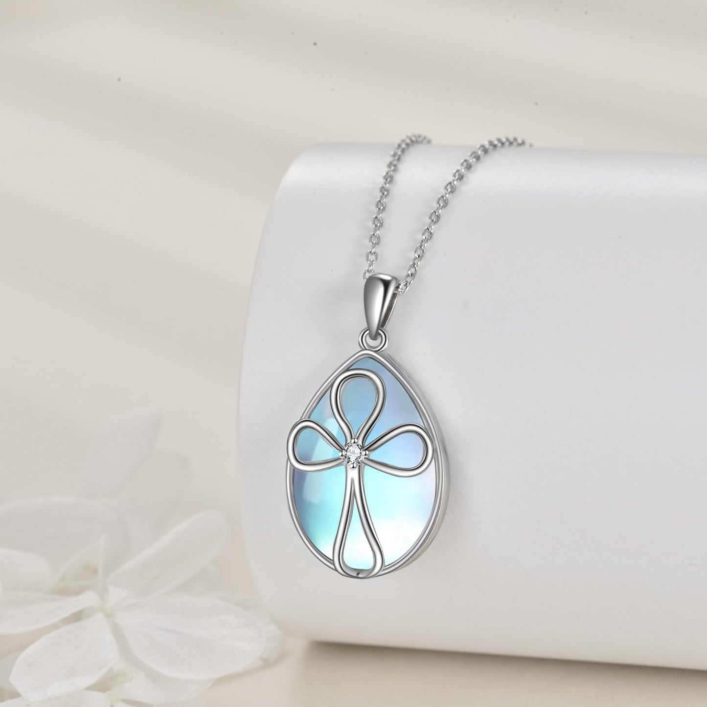 YAFEINI Moonstone Cross Necklace 925 Sterling Silver Cross Cubic Zirconia Pendant Necklace Jewelry for Women (X-Moonstone Cross Necklace)