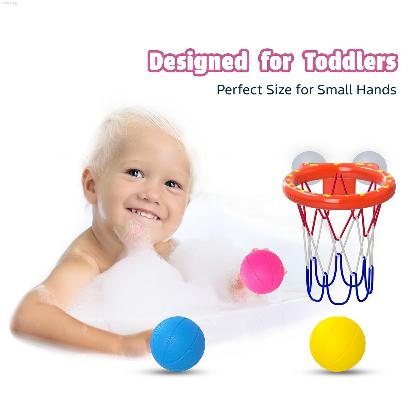 MARPPY Bath Toys - Bathtub Basketball Hoop for Toddler Kids - Bath Toys Mold-Free with Strong Suction Cups and 3 Colorful No-Hole Balls - Fun Shower Toys and Bathtub Toy for Toddlers