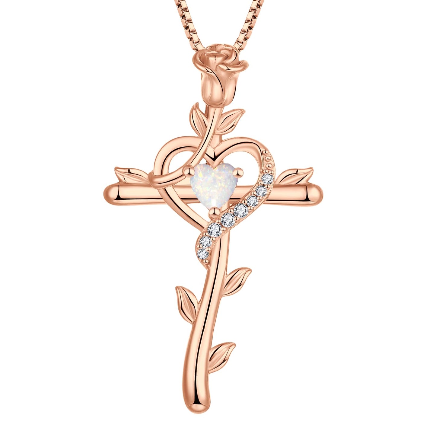 STARCHENIE Rose Cross Necklace, 925 Sterling Silver 14K Rose Gold Plated, Created Opal Heart Pendant, Crucifix Jewelry Gift for Women