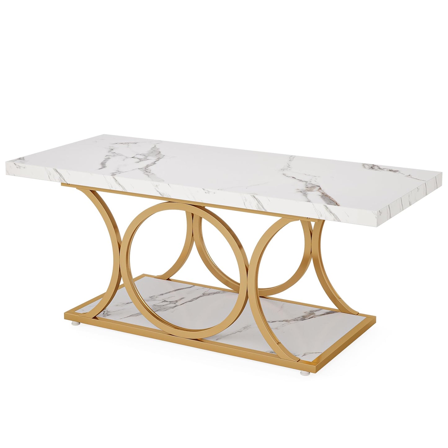 Tribesigns 46.45” Rectangle Coffee Table, Modern Coffee Tables for Living Room, 2-Tier Faux Marble Wood Coffee Table with Geometric Legs, Furniture with Storage Shelf (White & Gold)