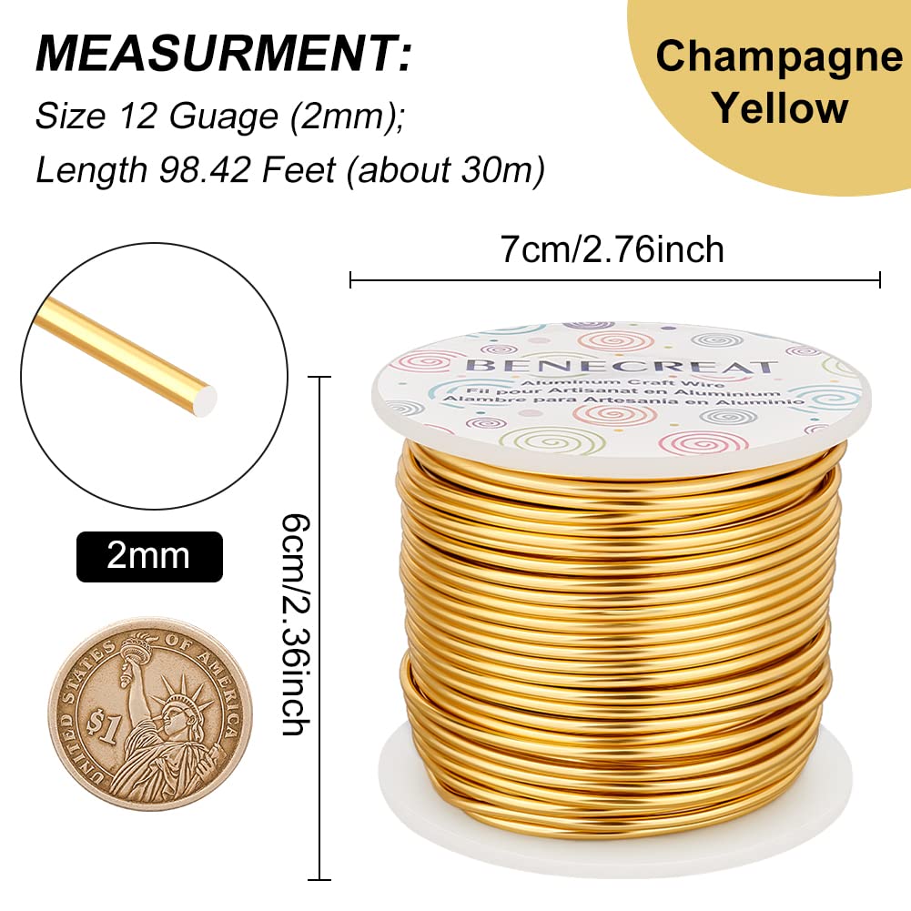 BENECREAT 12 17 18 Gauge Aluminum Wire (12 Gauge 100FT) Anodized Jewelry Craft Making Beading Wire Floral Gold Color Craft Wires for Air Plant Gardening, Model Making