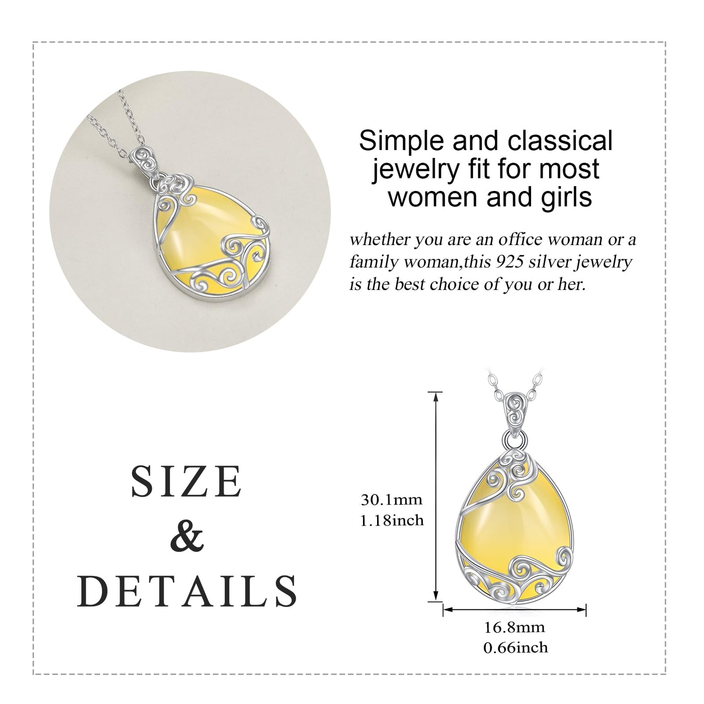 YAFEINI 925 Sterling Silver Yellow Agate Necklace Filigree Teardrop Pendant Necklace Jewelry for Women (DD-Yellow Agate Filigree Necklace)