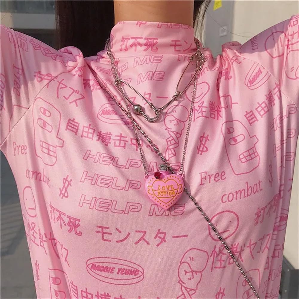 Locus Amoenus Love Potion Necklace Fashion Heart-Shaped Medicine Bottle Pendant Valentine's Day Gifts for Couples (Pink)