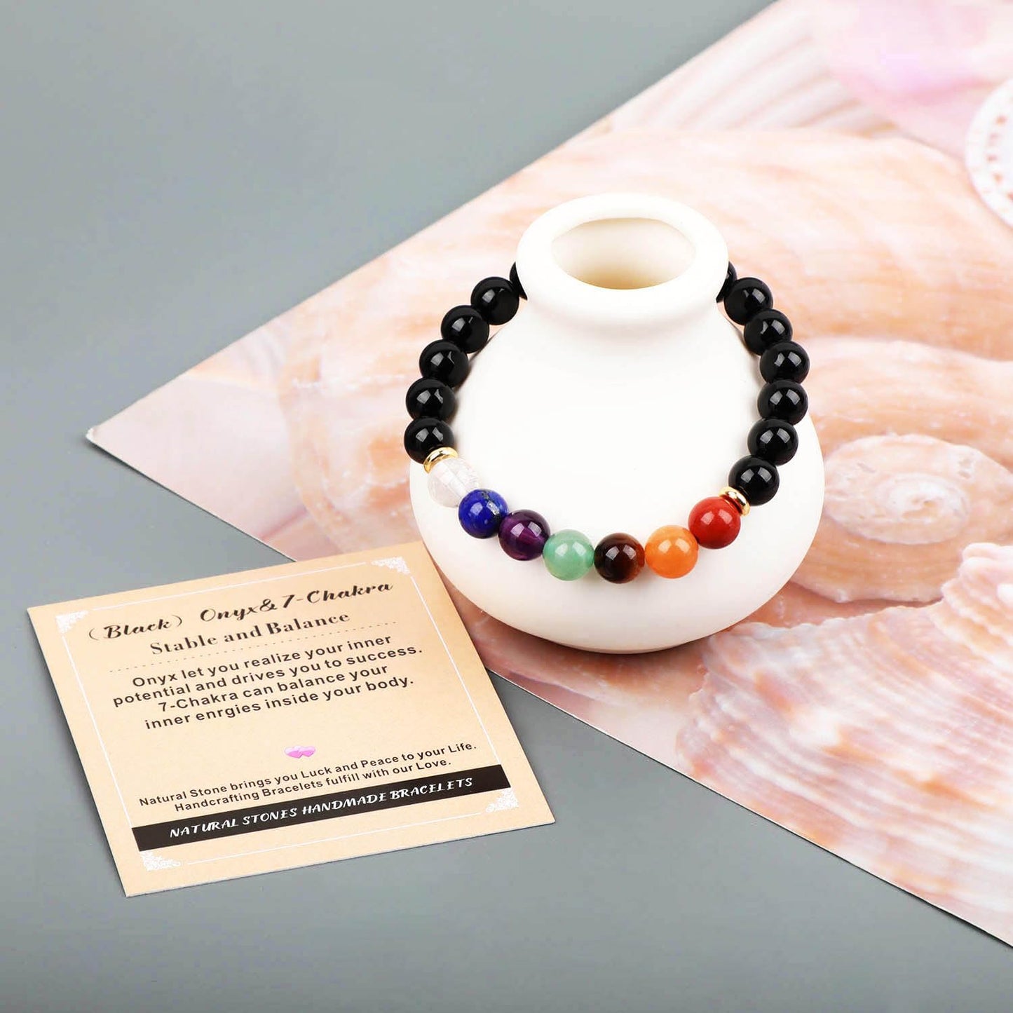 AD Beads Handmade Gemstone Stretch Elastic Bracelet Crystal Healing Reiki Nature's Beauty and Spiritual Essence Unisex (6mm, Onyx & 7-Chakra (Stable and Balance))