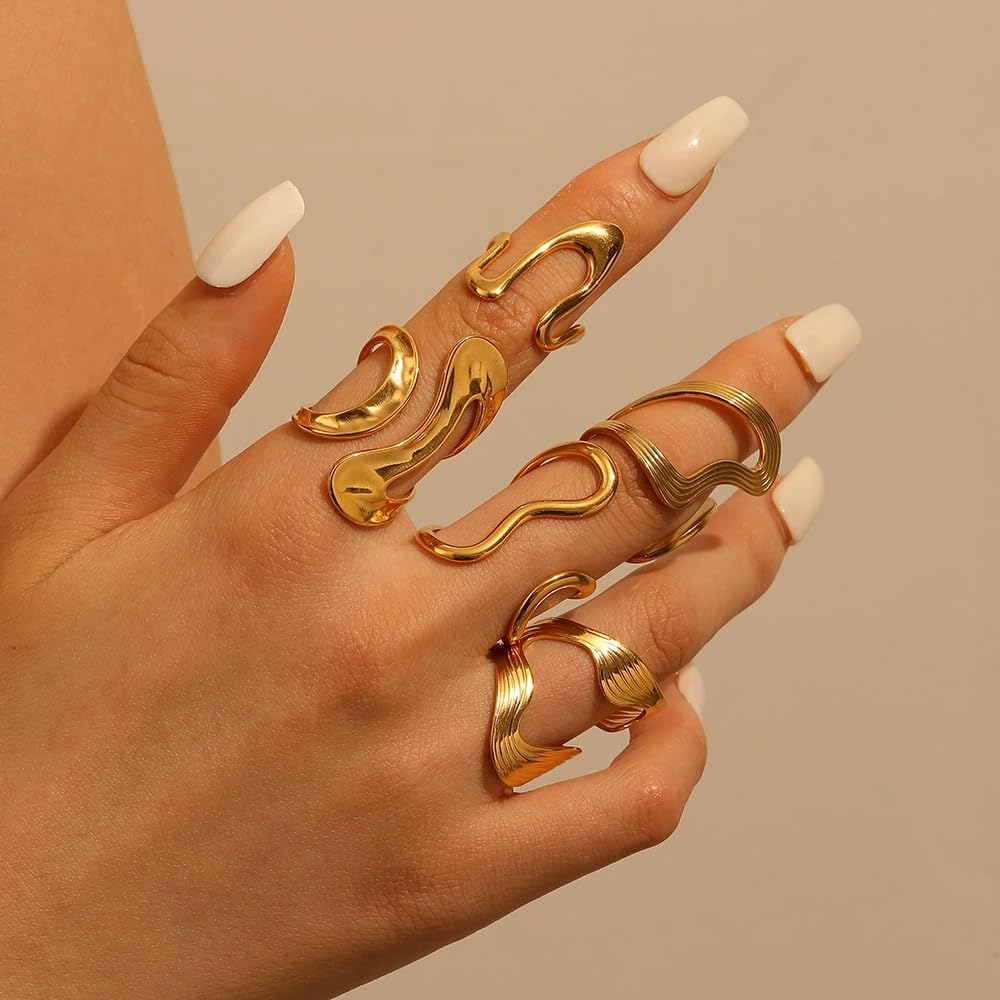 AIETUE Chunky Rings For Women, Gold Silver Thumb Ring Asymmetrical Wavy Curve Ring Adjustable Non Tarnish Dainty Stainless Steel New Year Anniversary Birthday Jewelry Gift (Trendy Gold #1)