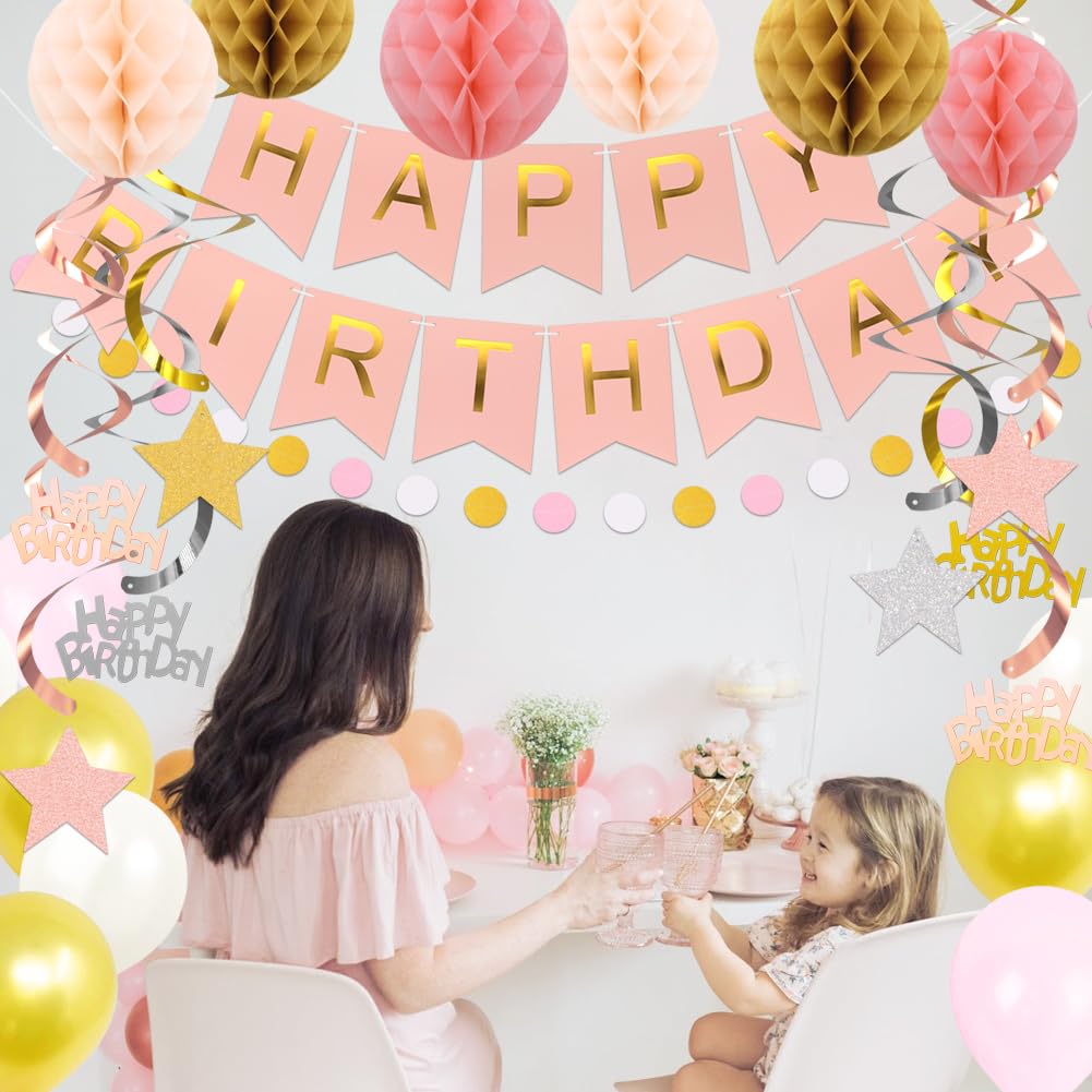 Birthday Decorations, NO DIY, Pre-Strung Happy Birthday Banner with Honeycomb Balls, Metallic paper Hanging Swirls Streamers, Circle Dots Garland, Party Paper Bunting for Women Men Boys Girls(Pink)