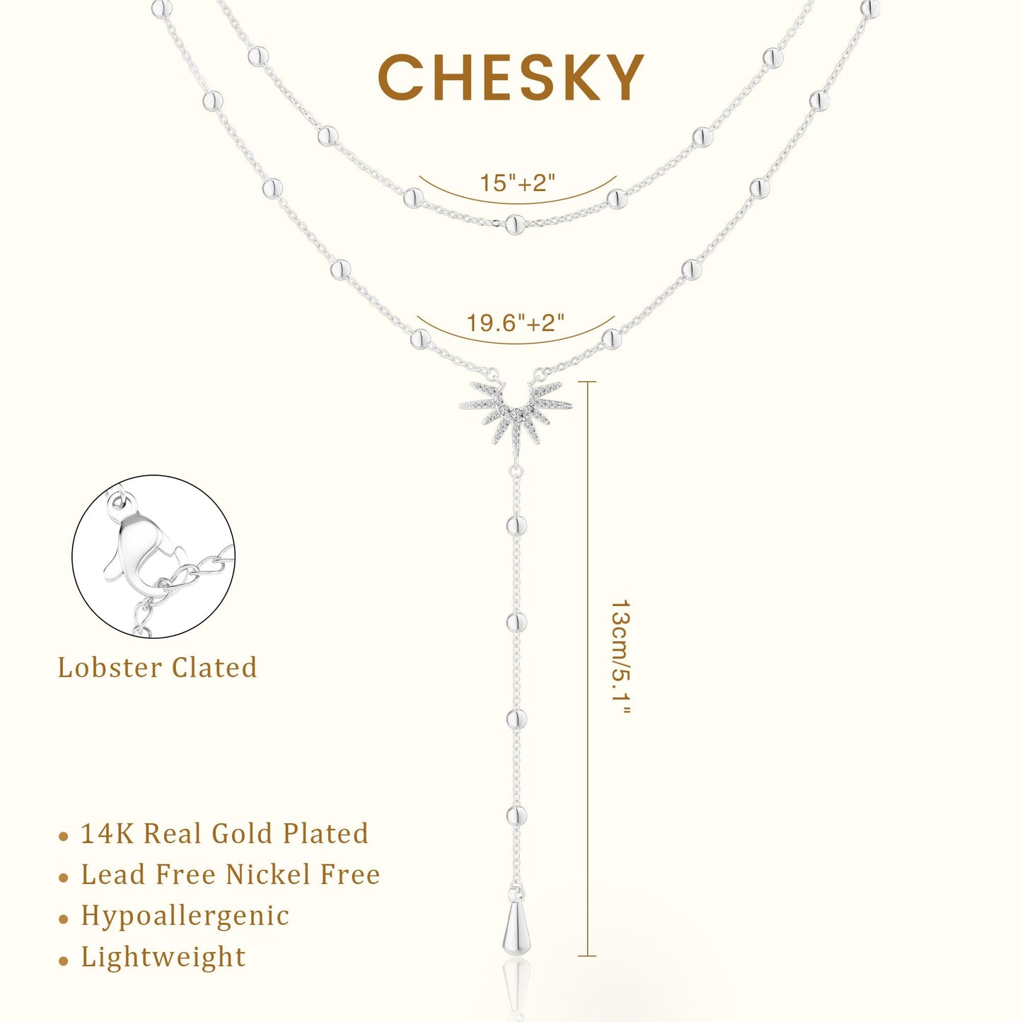 CHESKY Lariat Silver Necklace for Women Trendy, Dainty Long Necklace Streling Silver Y-Shaped Pendant Necklace Layered CZ Beaded Chain Drop Necklaces Simple Gold Jewelry for Women Gifts