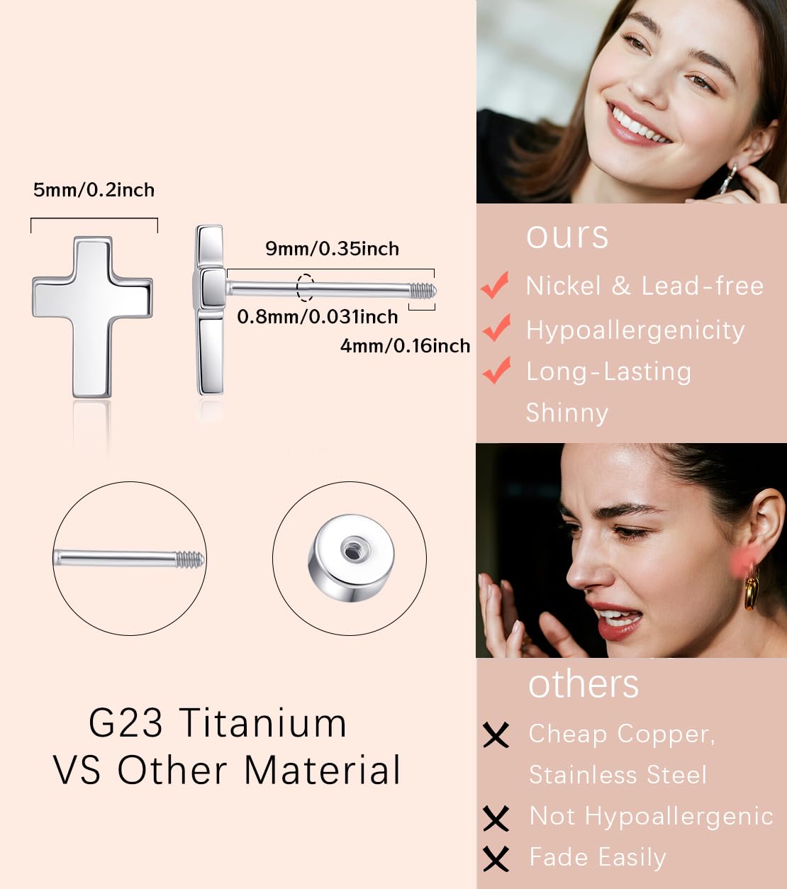 Limerencia Titanium Stud Earrings - Hypoallergenic Earrings for Women Men Sensitive Ears - Minimalist Jewelry Flatback Cross Bolt Cartilage Earrings,Gold Tone