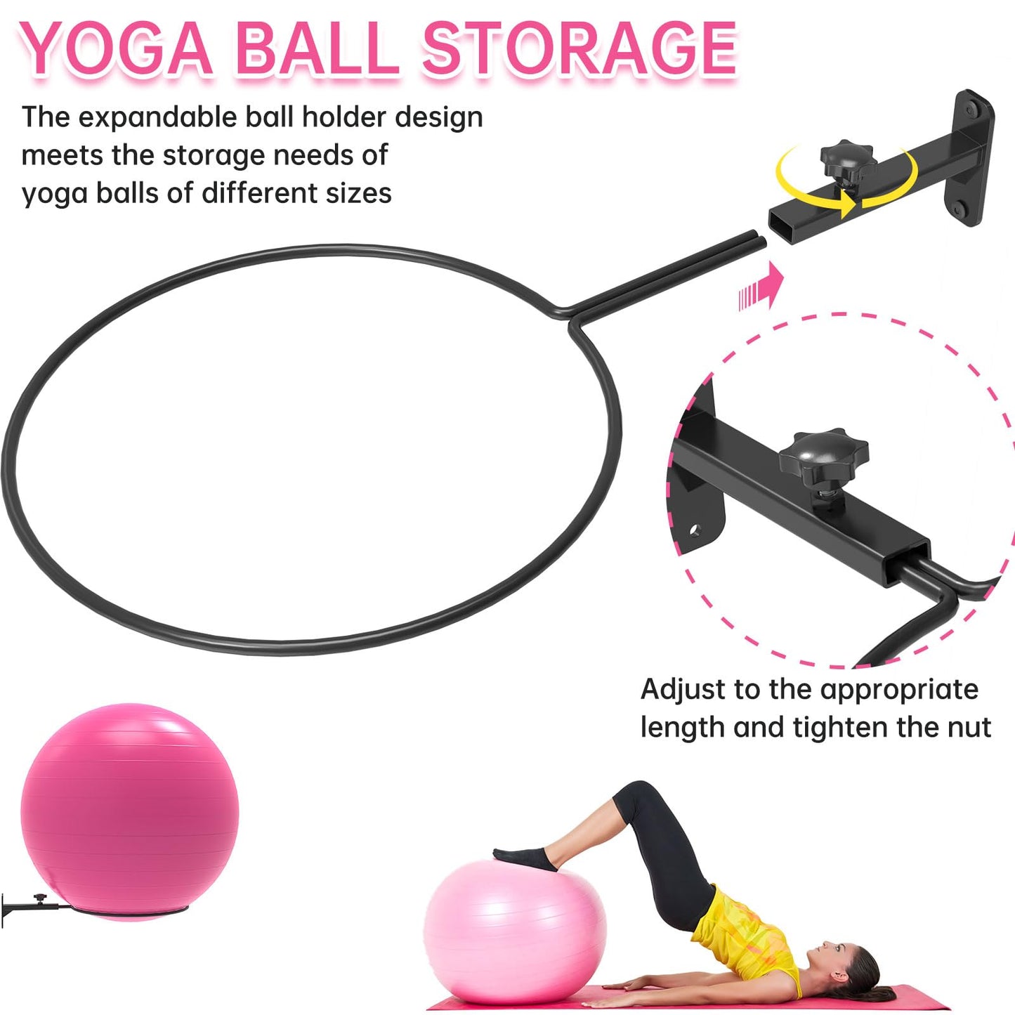 KOMOHOM 26" Exercise Ball Holder Wall Mount - Adjustable Yoga Ball Storage Rack for 14 to 30 Inch Stability Balls, Heavy-Duty Metal Balance Ball Wall Mount with 12-Inch Diameter Ring