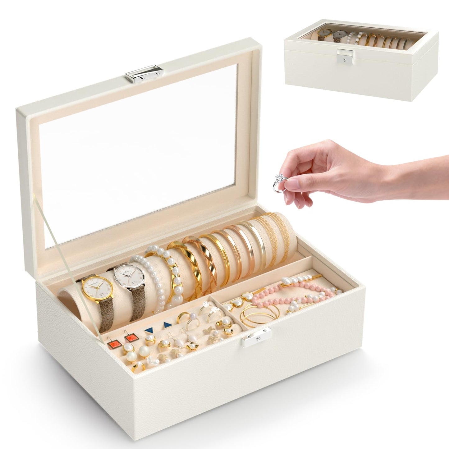 Jolensoy Jewelry Organizer Box with Clear Glass Lid, Bracelet Holder Jewelry Storage Case for Earrings, Rings, Bangles, Watches - PU Leather Jewelry Display Box Gifts for Women Girls, White