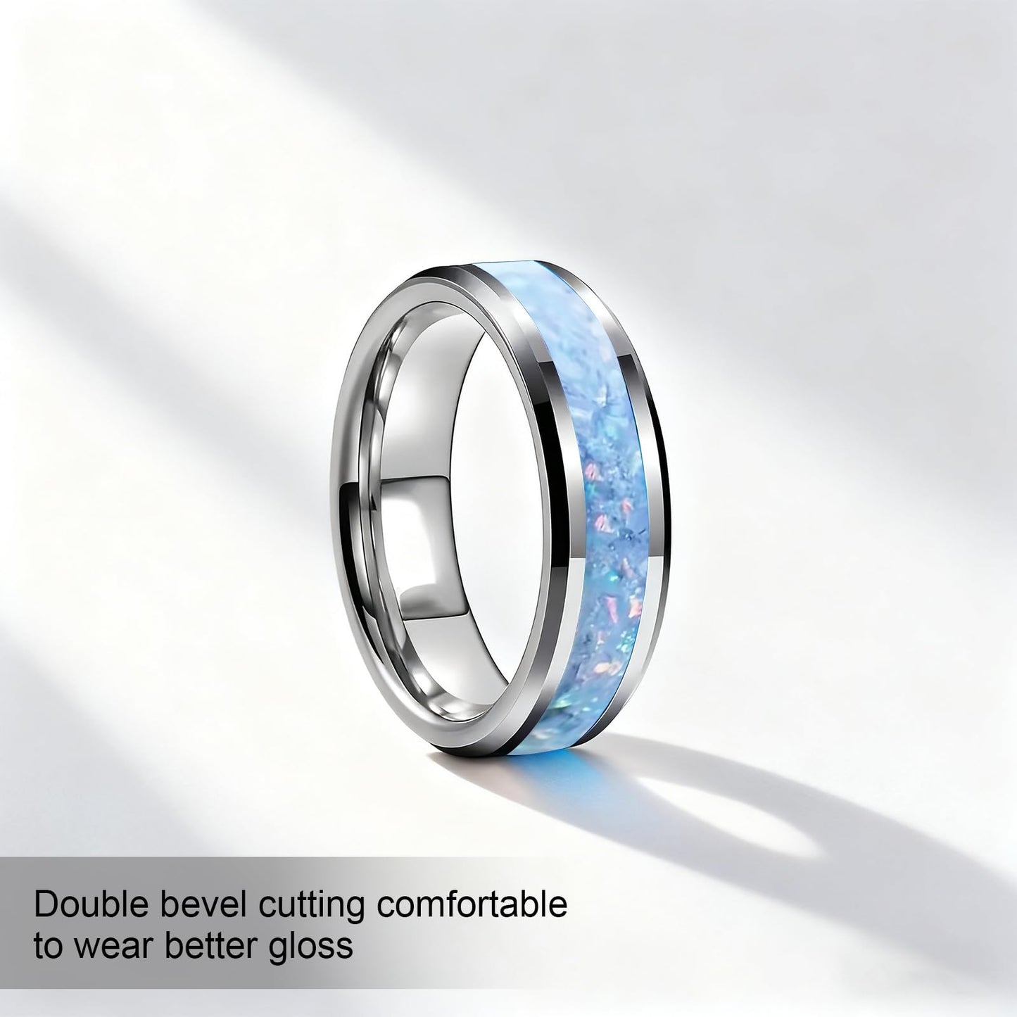 HJIMMNHONG New Opal Fashion Ring Double Beveled Edge Delicate Polished Stainless Steel Simple Mens and Women Rings, Width 8mm,Blue, Size 9