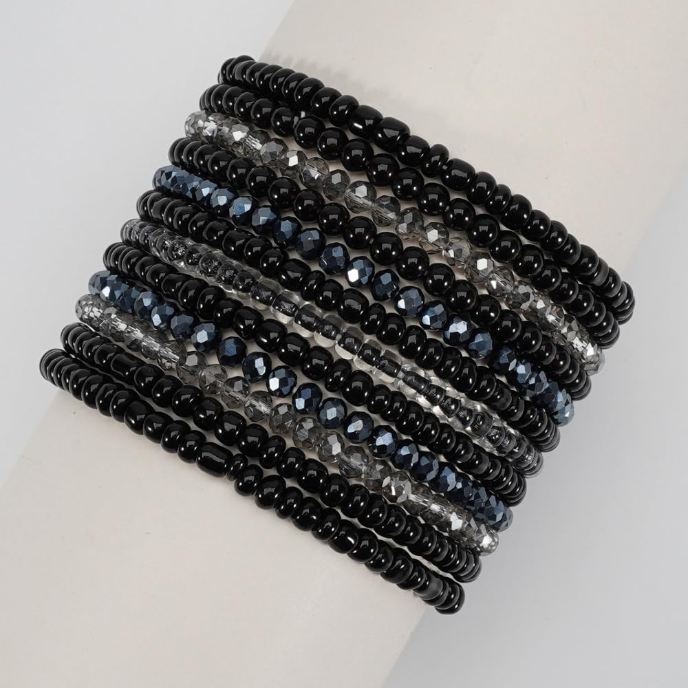12Pcs Bohemia Multilayer Resin Seed Beaded Stackable Bracelets Colorful Crystal Glass Beads Stretch Bracelet BFF Friendship Elastic Wristbands for Women Men Summer Beach Boho Vacation Jewelry-Black