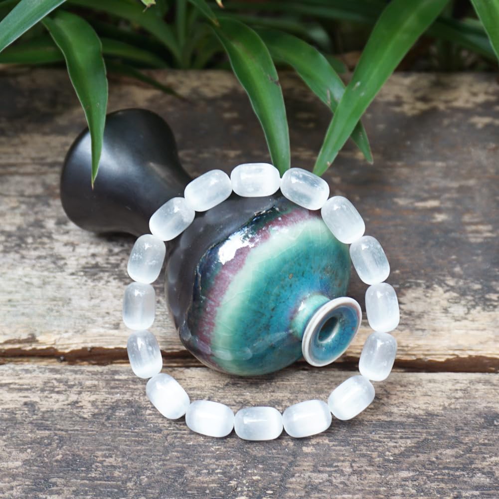 TaHLga Natural Selenite Crystal Bracelet for Women Men |8x12mm White Cylinder Beads | Crown Chakra Stone with Leather Pouch, Gift Box & Repair Kit | Fits about 7.5 inch Wrist